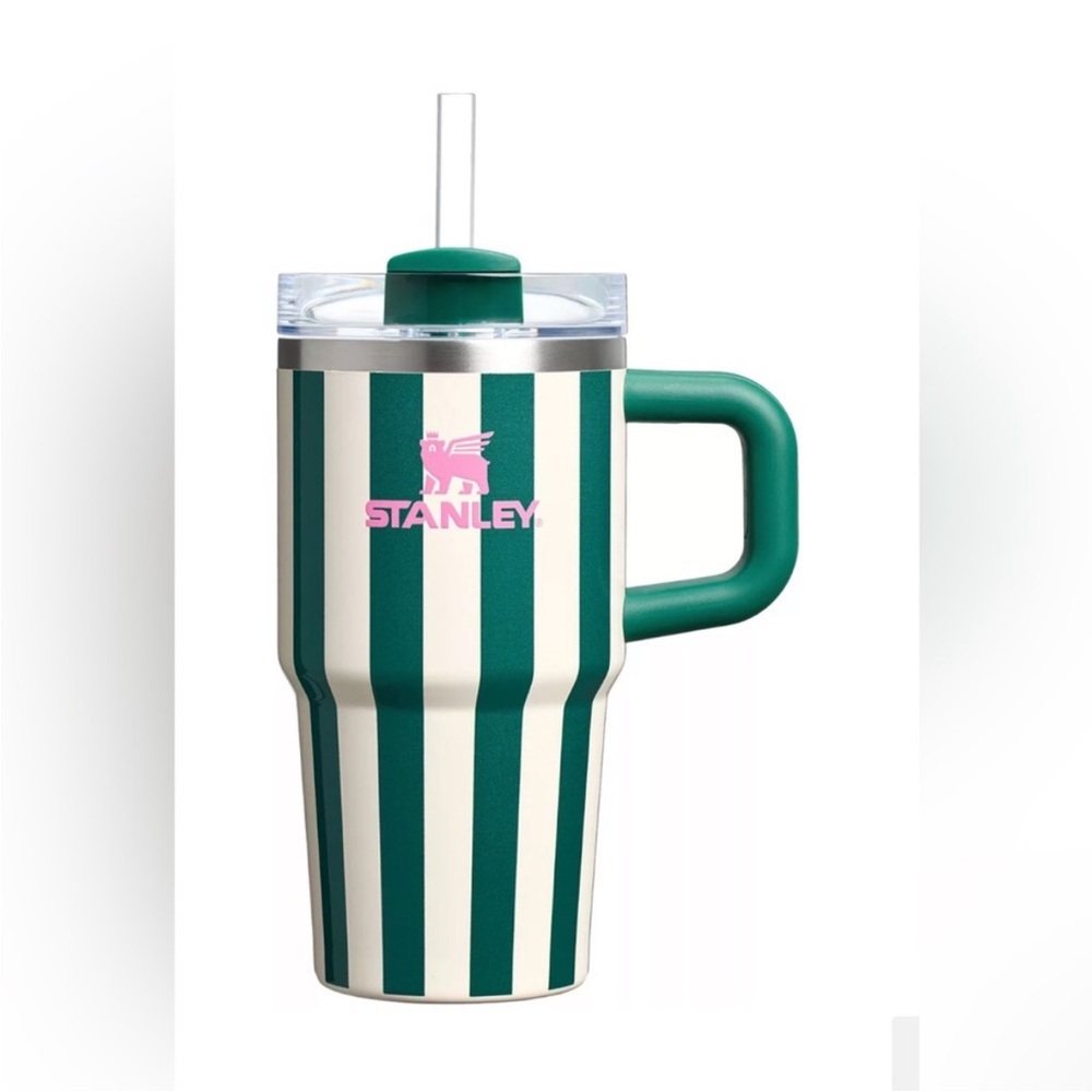 Stanley Green and White Striped Mug with Straw